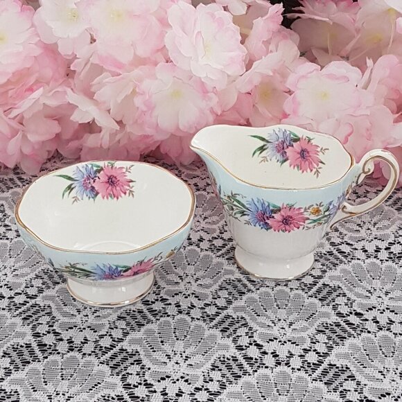 EB Foley Cornflower Blue Bone China Sugar Bowl and Milk Jug Set Pink Blue Flower - Picture 1 of 10